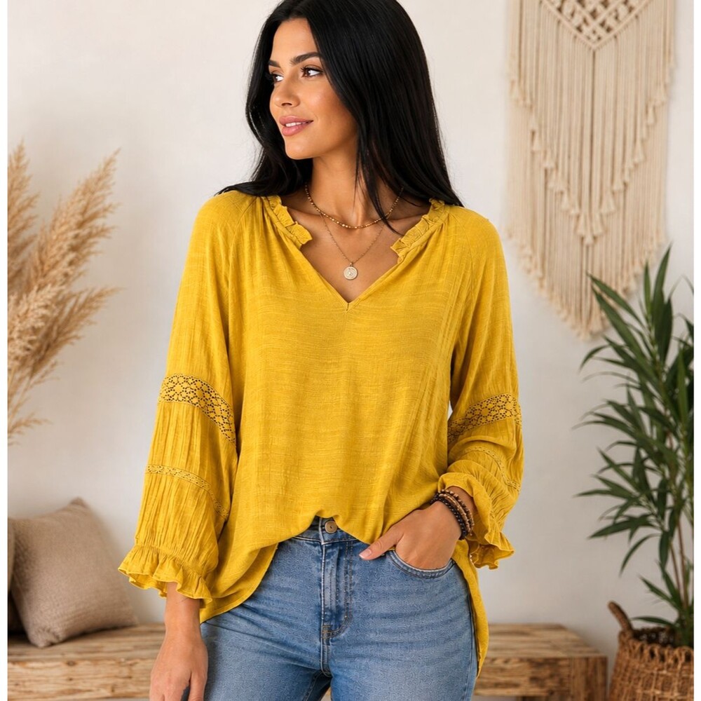 Zac & Rachel Women’s XL Mustard Yellow Boho Blouse Crochet Lace Ruffle Sleeve